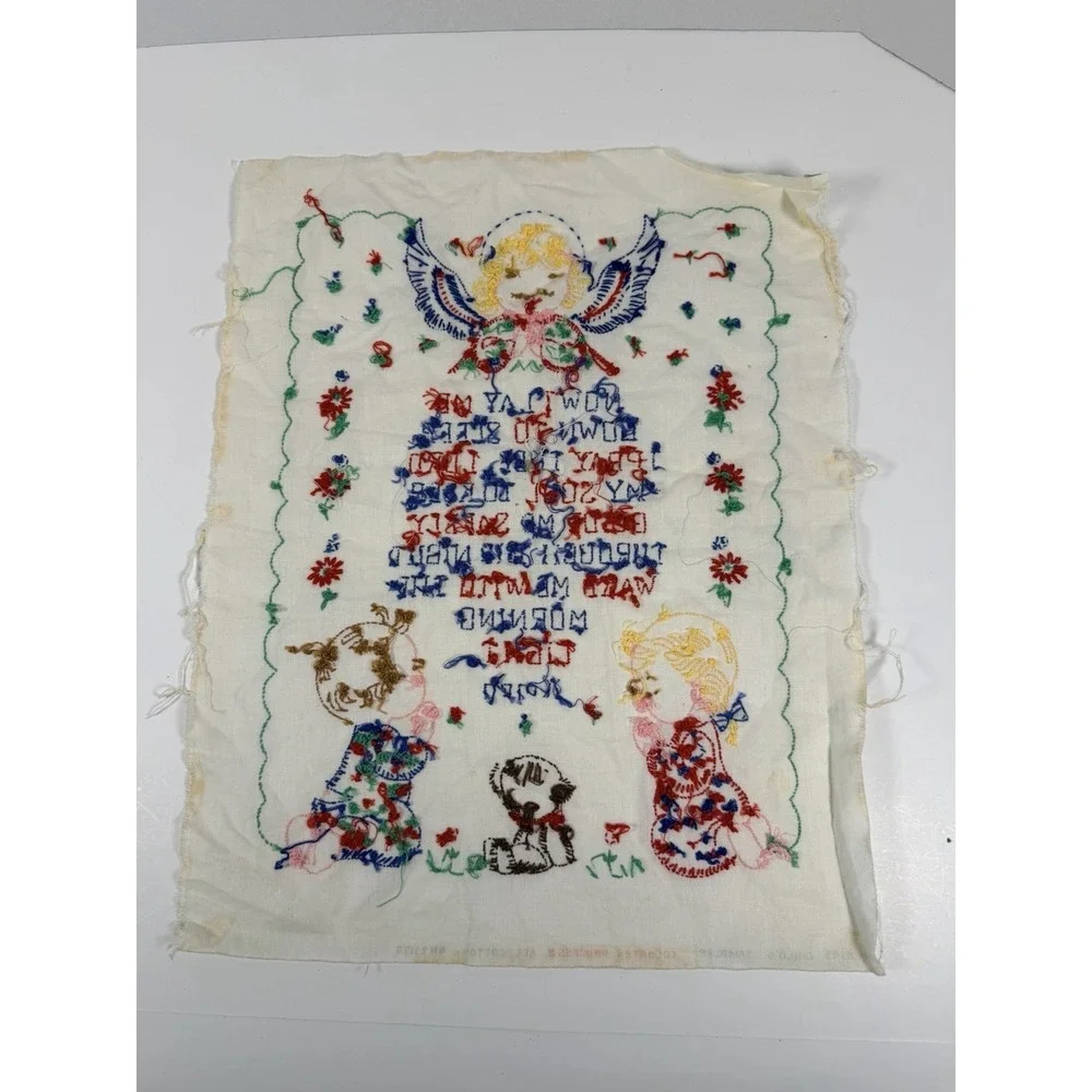 VTG Embroidery Needlepoint Piece Children Bedtime Prayer Girl Boy Angel Unframed